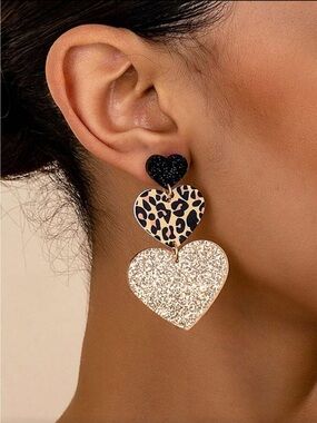 Multicolor Heart Drop Earrings with Leopard and Glitter Accents